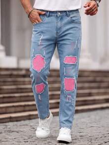 1pc Men's Distressed Denim Jeans, Multi-Craft Design, Street Style, Fashion - Light Wash - View 3
