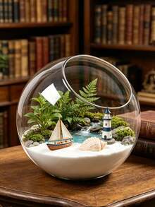 1pc Round Glass Container With Stand And Curved Slanted Rim, Suitable For Miniature Landscape, Succulents, Potted Plants/Outdoor DIY, Water Garden, Room Decor, Home Decor - A - View 9