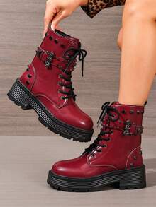 Women's Red Punk Studded Ankle Boots, Thick Sole Lace-Up Buckle Workwear Motorcycle Boots, Autumn/Winter - Burgundy - View 1