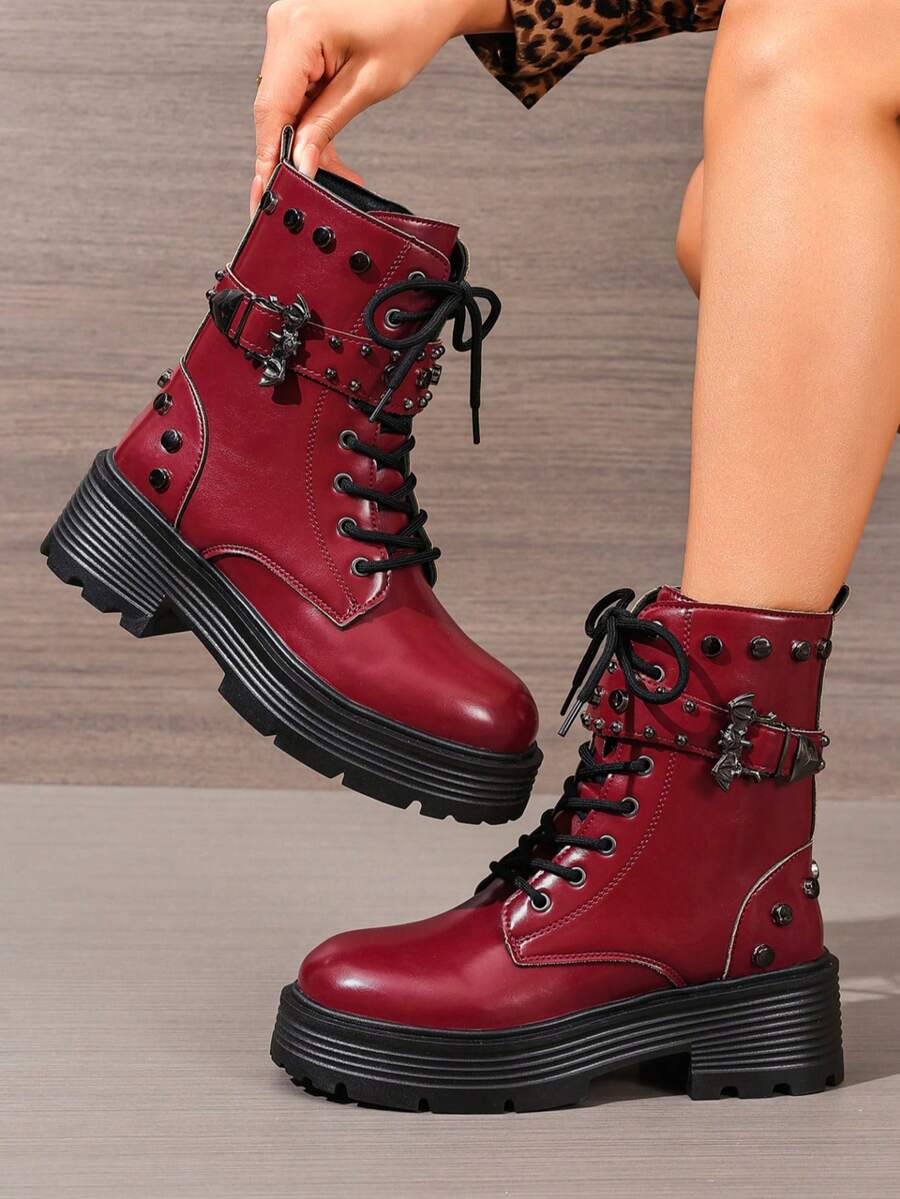 Women's Red Punk Studded Ankle Boots, Thick Sole Lace-Up Buckle Workwear Motorcycle Boots, Autumn/Winter - Burgundy - View 1
