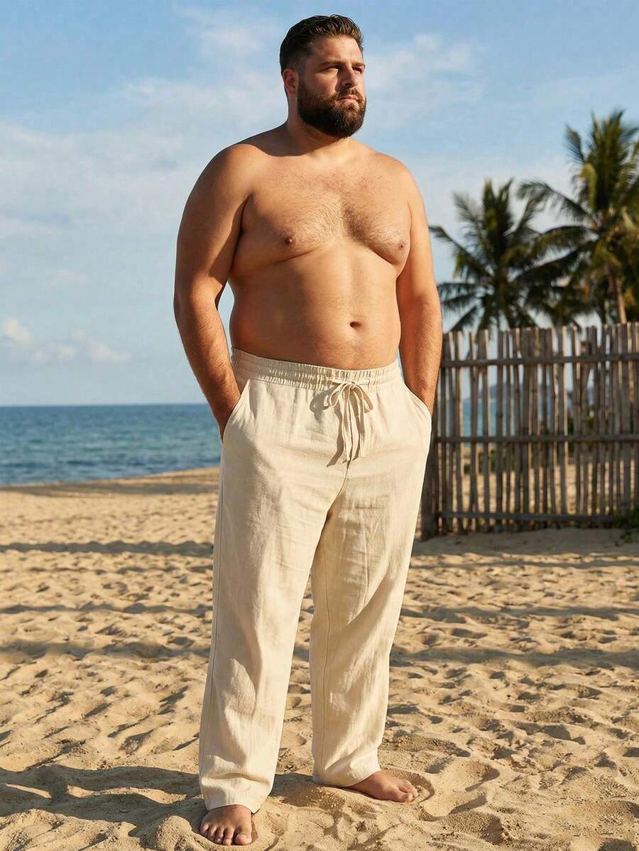 Plus Size 1XL-6XL Men's Loose Straight Linen Casual Pants, Hawaiian Resort Style Beach Trousers - Khaki - View 1