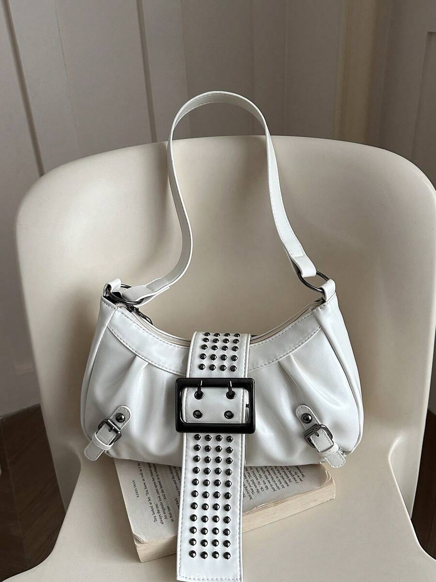 Fashionable High-End Buckle Strap Solid Color Baguette Bag, Y2K Hot Girl Motorcycle Shoulder Bag, Suitable For Daily Street Style, Socializing, Parties, Gifts - White - View 1