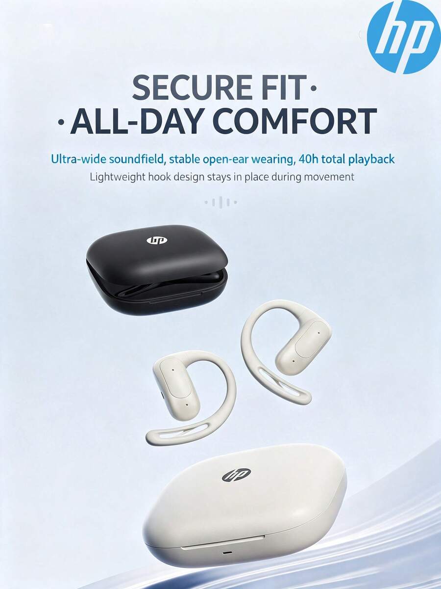 HP Earbud Bluetooth ini memiliki desain over-ear, driver dinamis 18mm, Bluetooth 6.0, dan diamankan dengan silikon cair untuk pemasangan yang stabil, sehingga cocok untuk berlari maupun bepergian. - View 1