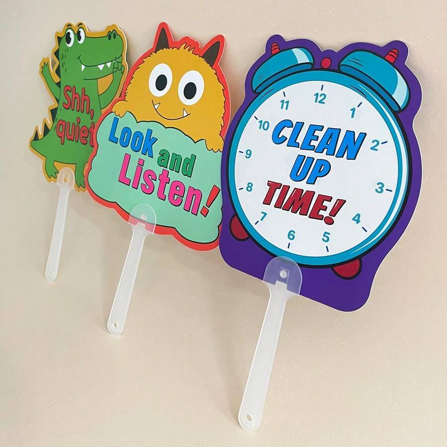 Lachilly 8pcs Classroom Rules Handle Signs, Cute Cartoon Portable Boards, Kindergarten Preschool Behavior Rules Educational Interactive Signs, Teacher Classroom Activity Supplies