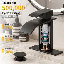 FEELSO Matte Black Waterfall Bathroom Faucet - Single Handle Mixer Tap For 1/3 Hole Sinks | Includes Deck Plate, Pop-Up Drain & Supply Hoses | Modern Vessel Vanity Set - Waterfall Bathroom Faucet - View 4