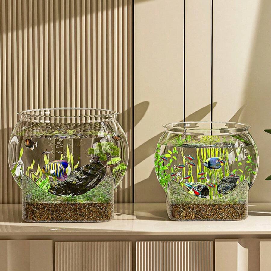 1pc Sturdy Transparent Round Fish Tank, Desktop Aquarium, Anti-Drop And Anti-Tip, Suitable For Turtles And Small Fish. Natural Stone Design, Versatile Use, Indoor/Outdoor Decorative Fish Tank. - Multicolor - View 1