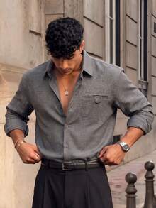 Lookun Men's Gray Shirt, Turn-Down Collar, Long Sleeve, Slightly Loose Fit, Italian Retro Style, Chest Pocket, Button Decor, Casual Daily Commute Shirt, Spring/Summer - Grey - View 1