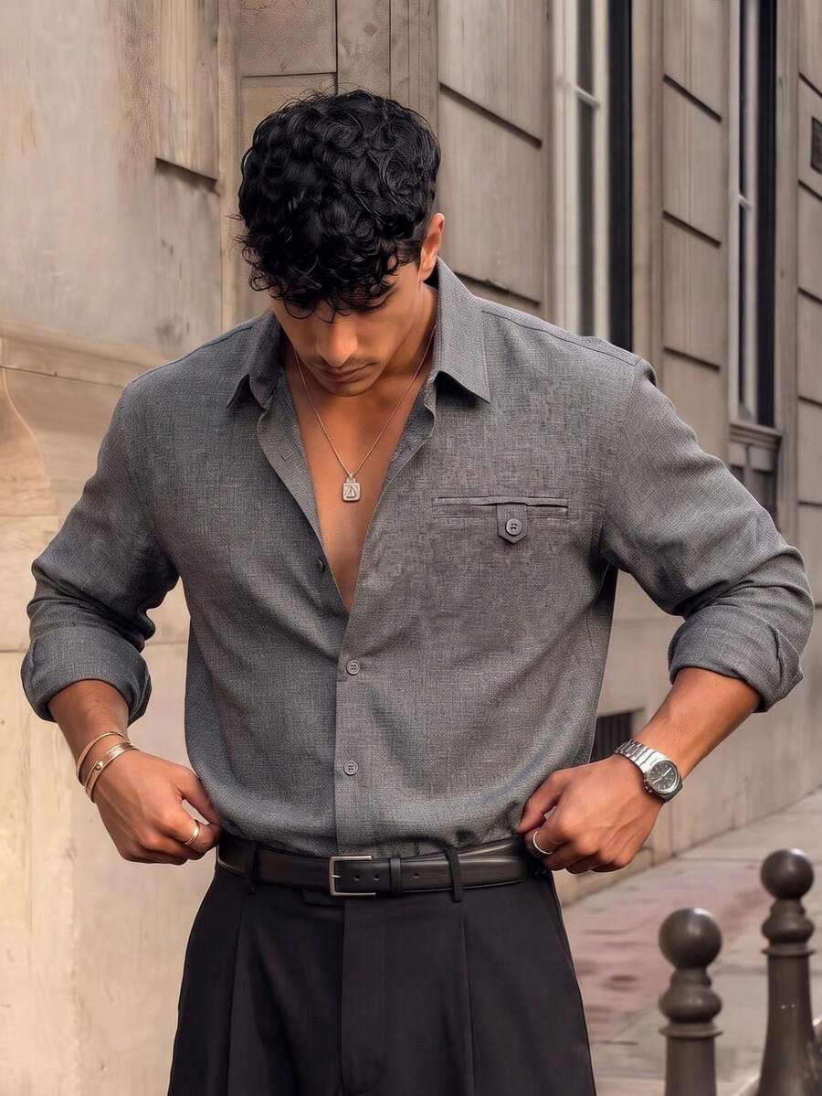 Lookun Men's Gray Shirt, Turn-Down Collar, Long Sleeve, Slightly Loose Fit, Italian Retro Style, Chest Pocket, Button Decor, Casual Daily Commute Shirt, Spring/Summer - Grey - View 1