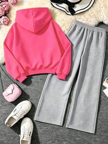 2pcs/Set Teen Girls Outfit, Cute Cat Print Hoodie And Simple Loose Wide Leg Pants, Comfortable Autumn/Winter New Style Girl Outfit - Hot Pink - View 2