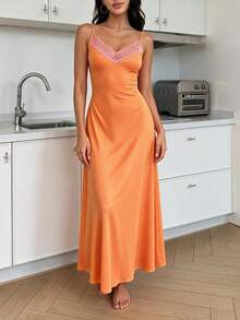 Women's Sexy Lace Trim Long Strap Nightgown Robe, Halloween Pajamas Lingerie, Suitable For Romantic Night - Orange - View 5