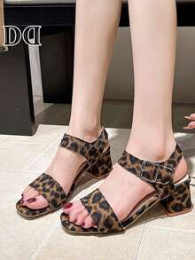 Women Square Open Toe Leopard Print Block Heel Sandals, Adjustable Ankle Buckle Strap Dress Party Daily Wear Heel Shoes - Leopard Print - View 2