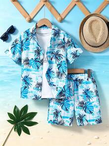 2 件套男童休闲椰子树和碎花短袖 Polo 衫夹克和配套短裤套装，夏威夷 Aloha 衬衫，春夏 - 藍白色 - 查看 7