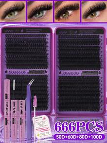 720/666/648/180 Clusters D Curl Single Strand False Eyelashes, Large Capacity, Suitable For Beginners, Long-Lasting Thick And Fluffy, Big Eye Makeup, Classic Realistic Bundled False Eyelashes, Includes Adhesive, Sealer, Tweezers, Brush - Purple - View 20