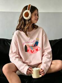 Big Girls Crew Neck Long Sleeve T-Shirt, "Just A Girl & Her Coffee" Cute Cartoon Graphic Print Casual Basic T-Shirt - Pink - View 7