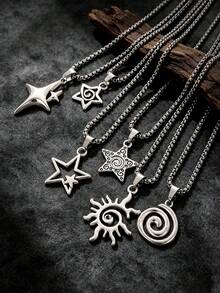 Yanxyad 6PCS Y2K Star Vortex Sun Pentagram Necklace Set For Women Men – Retro Grunge Gothic Chain Jewelry - Silver - View 2