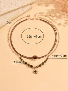 2pcs/Set Vintage Fashion Brown Rope Tiger Eye Stone Beaded Sun Pendant Necklace Set, Classic Versatile Women's Neck Jewelry Suitable For Daily Wear And Vacation Party - Multicolor - View 4