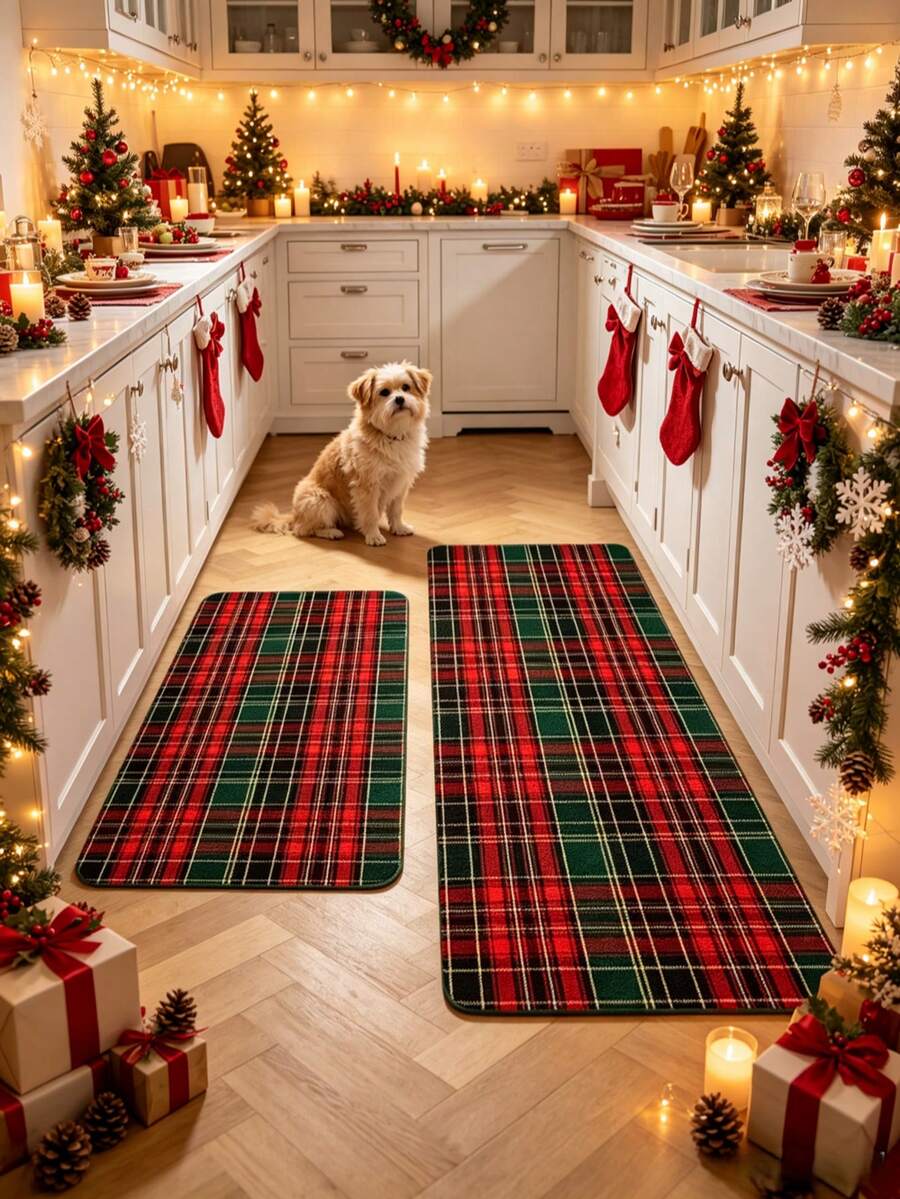 1pc Christmas Red & Green Plaid Kitchen Mat, Kitchen Rug, Door Mat, Runner Rug, Area Rug, Christmas Carpet