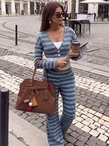 Women's Ribbed Striped Two Pieces Set, Deep V Neck Cropped Cardigan And Flare Pants, Medium Stretch Winter Outfit, Office Fashion. Elegant - Blue - View 6