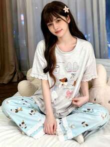 2pcs/Set Women's Pajama Loungewear Set, Cute Puppy Print Lace Bow Decor Pullover Short Sleeve Top, Animal Print Cropped Pants, Fashionable , Suitable For Spring, Summer And Autumn - Multicolor - View 11