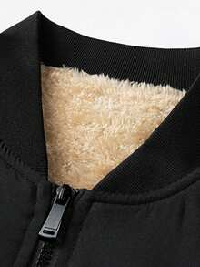 Men's Black Fleece Lined Aviator Jacket, Zipper Front Baseball Collar Casual Winter Coat - Black - View 3