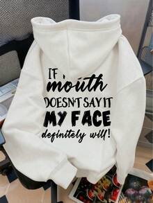 Sweatshirt Berkerudung Wanita, Motif Huruf Baru Musim Gugur/Dingin, Desain Tali Serut, Dengan Saku, Atasan Longgar Kasual Serbaguna, Modis Putih untuk Musim Gugur - Putih - View 10