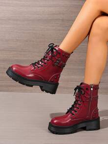 Women's Red Punk Studded Ankle Boots, Thick Sole Lace-Up Buckle Workwear Motorcycle Boots, Autumn/Winter - Burgundy - View 2