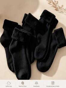 Random 3/5/10 Pairs Women's Mid-Calf Socks, Solid Color, Warm Fleece Lining, Postpartum Home Wear, Autumn/Winter - Multicolor - View 5