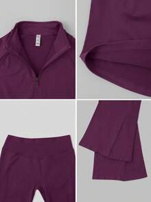 NcmRyu One Set Women's Seamless Ribbed Zip-Up Mock Neck Long Sleeve Flare Pants Sports Set - Purple - View 4