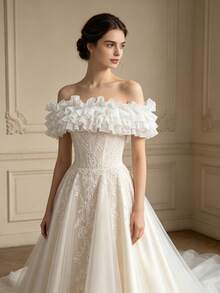 White Multi-Layer Ruffle Detachable Shoulder Sleeves, Strapless Wedding Dress Sleeve Covers With Tie Bow Design, Shoulder Accessory For Photoshoot - White - View 1