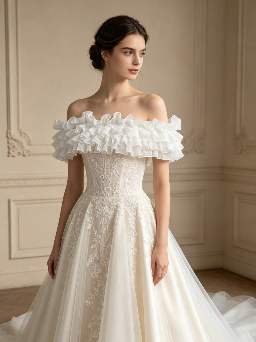 White Multi-Layer Ruffle Detachable Shoulder Sleeves, Strapless Wedding Dress Sleeve Covers With Tie Bow Design, Shoulder Accessory For Photoshoot - White - View 1