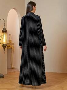 Warm Winter Velvet Muslim Abaya V-Neck Stand Neck Floral Applique Moroccan Kaftan Ladies Formal Dress - Black - View 4
