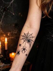 10pcs Spider Eye Shadow Tattoos, Featuring Various Spider Web And Spider Designs, Suitable For Areas Around The Eyes, Neck, Arms, Ankles, Etc. Can Be Customized DIY-Style, Perfect As Halloween Gifts For Friends - Black - View 8