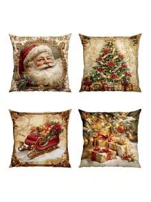 4pcs Christmas Theme Pillow Covers, Vintage Christmas Theme, Santa Claus Christmas Tree Gift Box, Merry Christmas 45x45cm, Suitable For Christmas Home Decor, Sofa Living Room Decoration. (Pillow Insert Not Included) - Multicolor - View 11