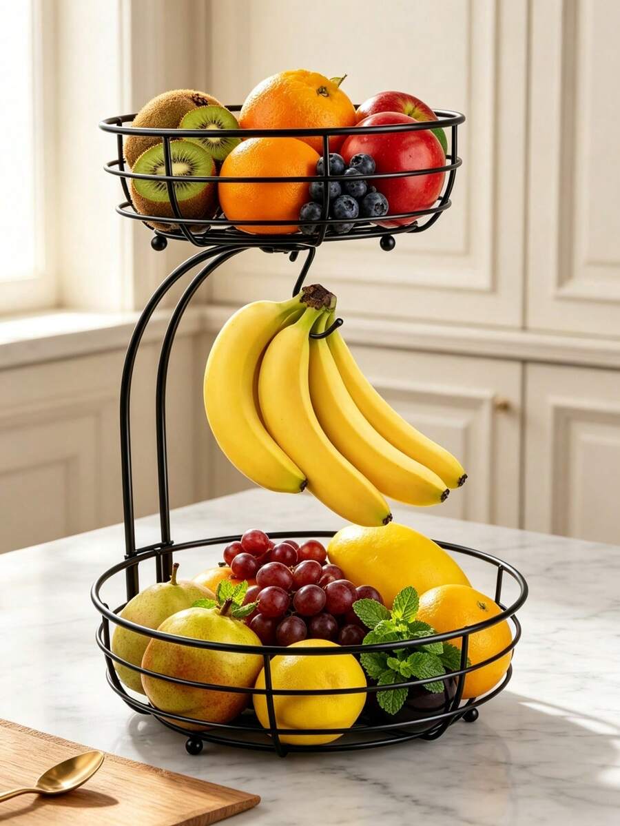 1 Set Iron Fruit & Vegetable Basket Storage Rack With Banana Hook, Desktop Decorative Organizer Basket, Detachable Design, Black, 64oz, Suitable For Kitchen, Living Room, Patio, Storage, Guest Hosting, Kitchen Accessories - Multicolor - View 1