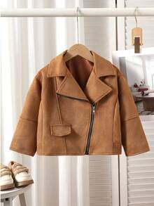 Young Girls Autumn/Winter Diagonal Zipper Loose Collar Short Jacket Casual Outerwear - Brown - View 1