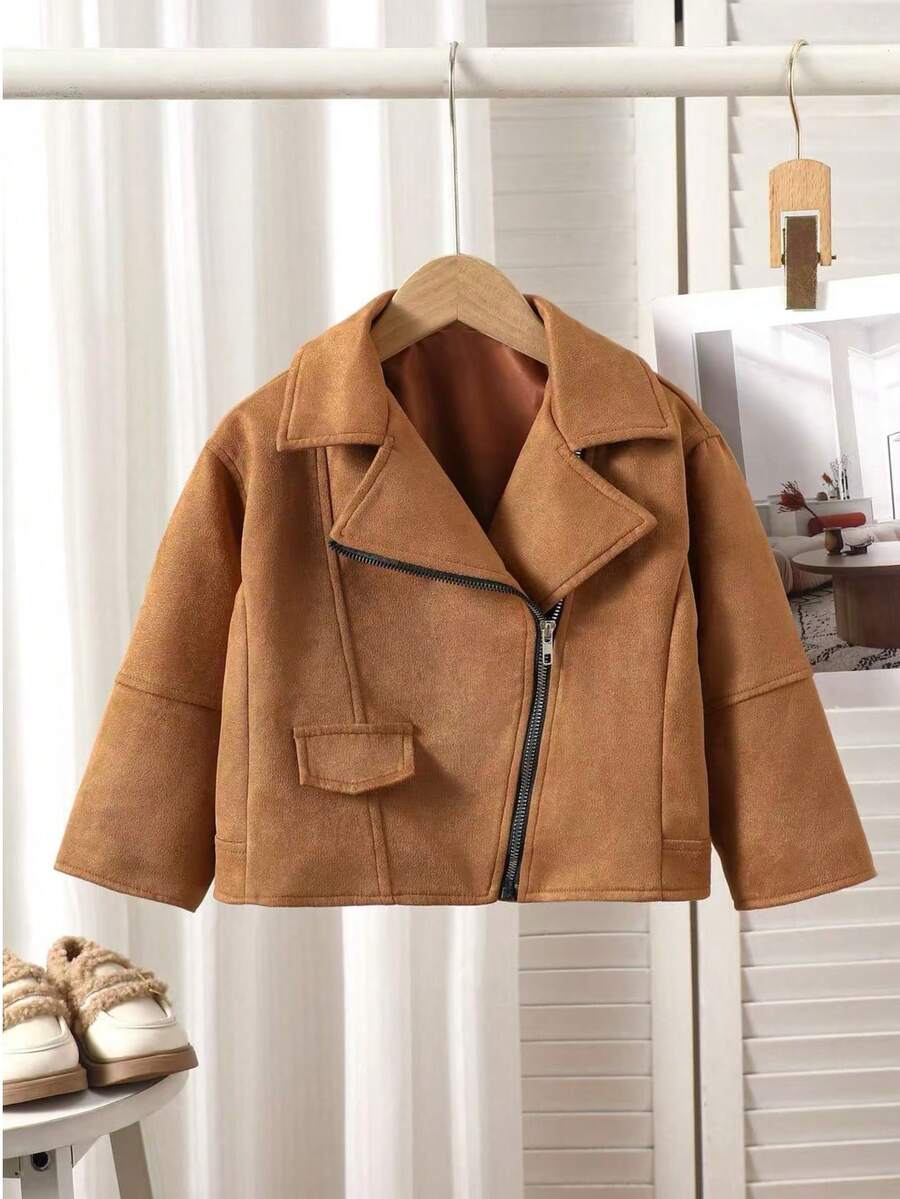 Young Girls Autumn/Winter Diagonal Zipper Loose Collar Short Jacket Casual Outerwear - Brown - View 1
