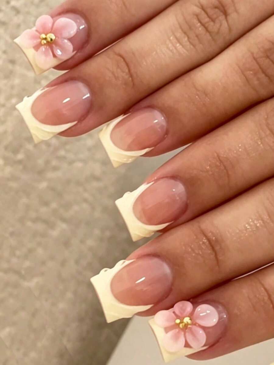 24 piezas de uñas postizas de punta cuadrada mediana, set de arte de uñas de gel acrílico con diseño de pétalo francés amarillo de verano y gota de agua, punta cuadrada de aleación, suministros de arte de uñas (incluye 1 pieza de pegamento de gelatina y 1 pieza de lima de uñas), adecuado para el uso diario de las mujeres - Multicolor - Ver 1