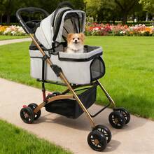 Pet Stroller With 4 Swivel Wheels With Brakes, Load Capacity 30 Kg, Cat Stroller, Removable Stand, Storage Basket Cushion For Small/Medium Dogs - Light Grey - View 3