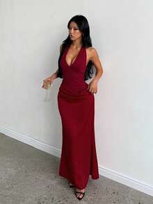 Women's Halter Neck Backless Tie Waist Evening Dress, Summer, Back To School, Evening Party, Wedding, Date Night - Burgundy - View 2