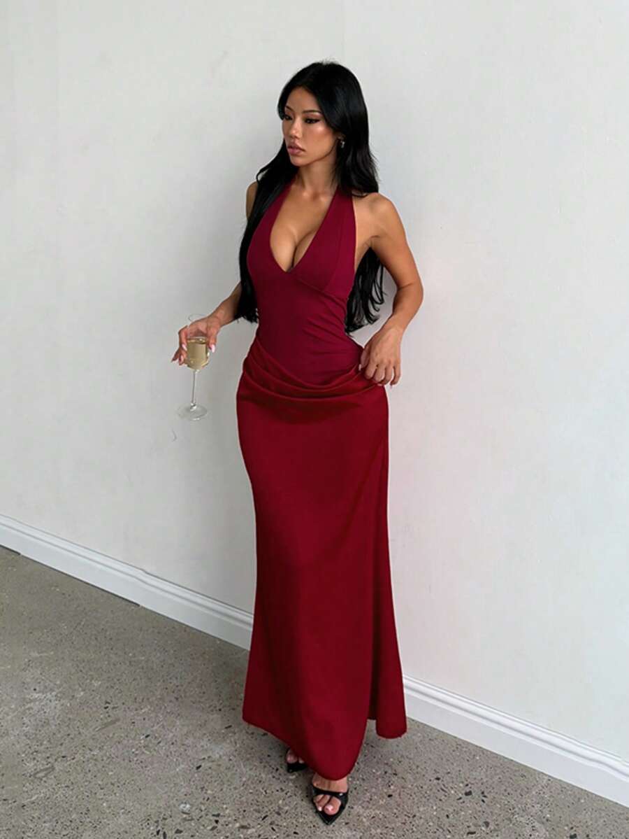 Women's Halter Neck Backless Tie Waist Evening Dress, Summer, Back To School, Evening Party, Wedding, Date Night