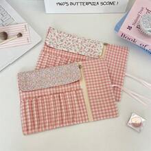1 buah Tas Gulung Anak-anak Motif Bunga Kotak-kotak Pastoral, Tas Penyimpanan Alat Rias Portabel dengan Pita, Mudah Dilipat dan Disimpan, Cocok untuk Perjalanan Sehari-hari dan Penyimpanan Alat Rias Saat Bepergian - MultiWarna - View 5