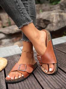 Summer New Women's Casual Flat Sandals, Adjustable Metal Buckle Design, Round Toe Open Toe And Comfortable Soft Sole Women's Summer Slippers, Suitable For Daily Commute Casual Women's Summer Sandals, Can Be Paired With Any Outfit Women's Brown Sandals - Brown - View 4