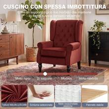 HOMCOM Poltrona Camera da Letto in Stile Francese con Ampia Seduta, Poltroncina Salotto Trapuntata Imbottita in Velluto di ghiaccio con Braccioli e Gambe in Legno di Eucalipto, Rosso Vino - Bordò - Visualizzare 5