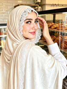 1pc New Silk Cotton Lace Scarf, Women's Muslim Hijab, Daily Soft Breathable Long Scarf, Elegant Headscarf, Versatile Elastic Shawl - Multicolor - View 15