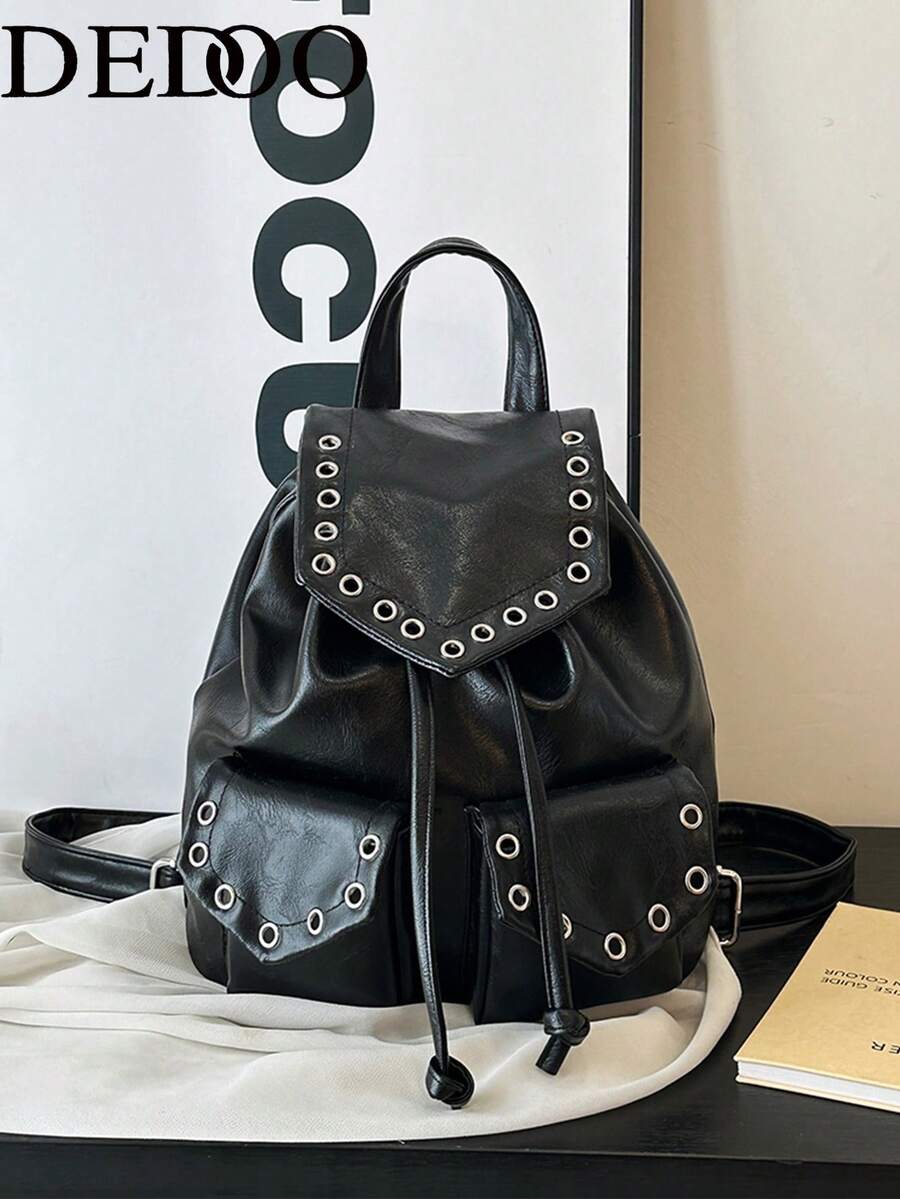 Dedoo Mochila con cordón,Decoración de remaches de unicolor,Doble bolsillo delantero,Gran capacidad,Mochila escolar,Campus universitario,Mochila de estudiante punk genial