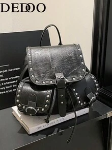 Dedoo Mochila con solapa y cordón, unicolor con ribete de remaches, bolsillos dobles, gran capacidad, mochila escolar, campus universitario, mochila diaria de estudiante estilo retro punk - Negro - Ver 13