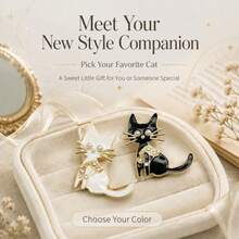 2Pcs Black White Enamel Cat Brooch Set , Zinc Alloy Faux Pearl Rhinestone Kitten Lapel Pin, Cute Animal Pin For Women Clothing Collar Decor & Gift - Multicolor - View 6