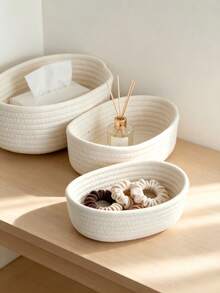 Cesta de almacenamiento ovalada para escritorio, organizador de llaves para la entrada, cesta de almacenamiento de cosméticos para la mesita de noche del dormitorio, cesta tejida, 3 tamaños disponibles - Blanco - Ver 4