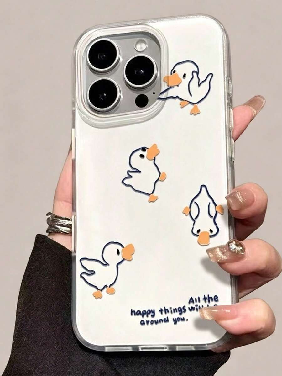 1pc Line Duck Phone Case For 16ProMax/16/15promax/12/15/16, Shockproof - White - View 1