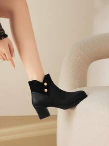 Women's Pointed Toe Lizard Texture Side Zipper Metal Buckle Chunky Heel Ankle Boots, Fashionable Versatile For Party, Street Style, Office - Black - View 6